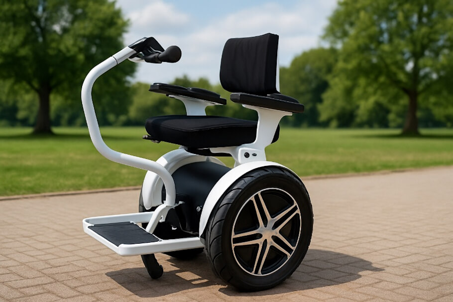 This image shows the Evo PT Self-Balancing Mobility Device, a modern, futuristic-looking electric wheelchair with two large wheels, resembling a Segway-style design.