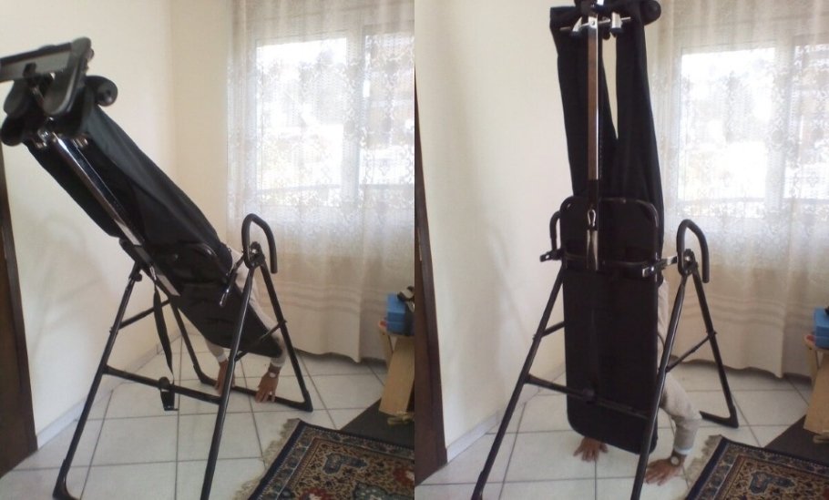 Picture shows a person using an inversion table at home.