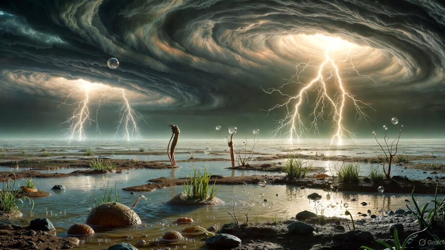 This surreal, landscape-oriented digital artwork depicts a primordial scene symbolizing abiogenesis.