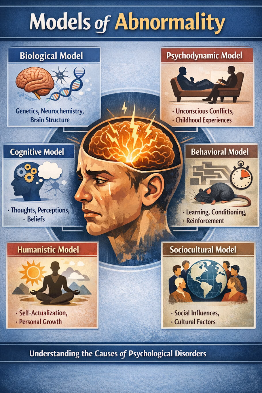 This image is an educational infographic titled Models of Abnormality, set against a textured blue background.