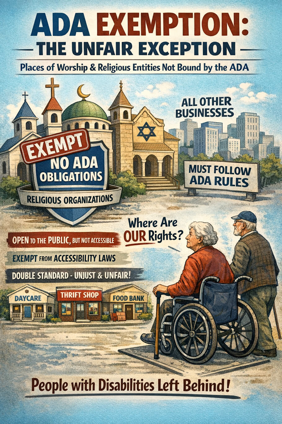 The illustration is an editorial-style poster about disability access and religious exemptions under the ADA. At the top, large headline text reads ADA Exemption: The Unfair Exception, followed by a subtitle stating that places of worship and religious entities are not bound by the ADA.