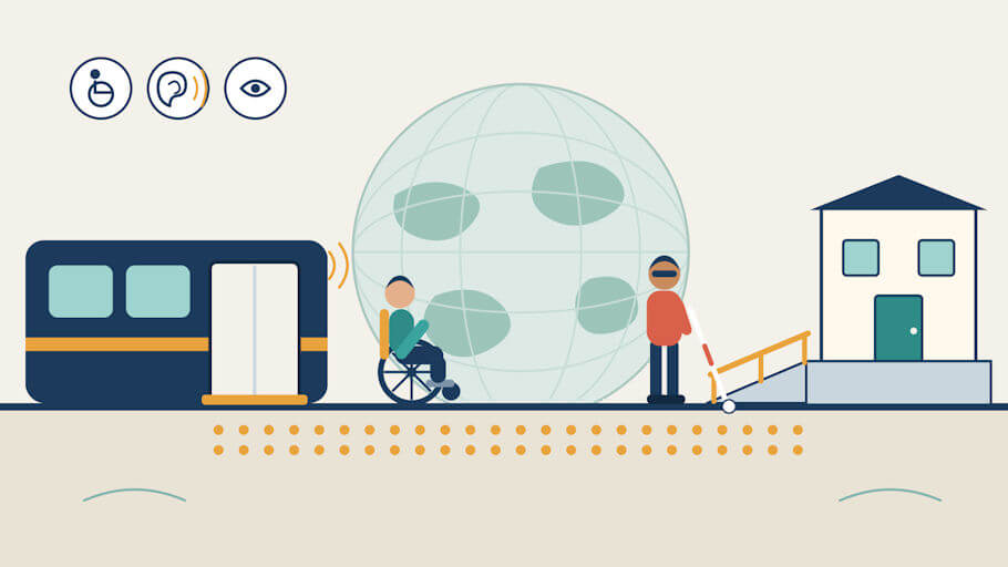 This image is a flat, wide editorial illustration on a warm cream background shows a single continuous street scene that connects three modes of access.