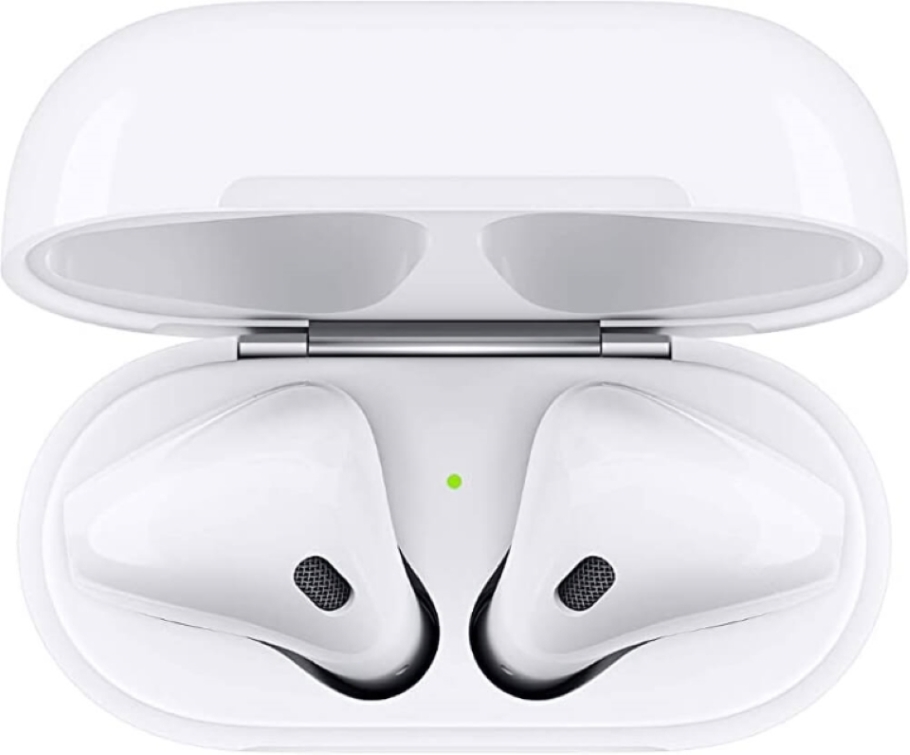 A pair of white wireless Bluetooth AirPods (Second-generation) in their included charging case.