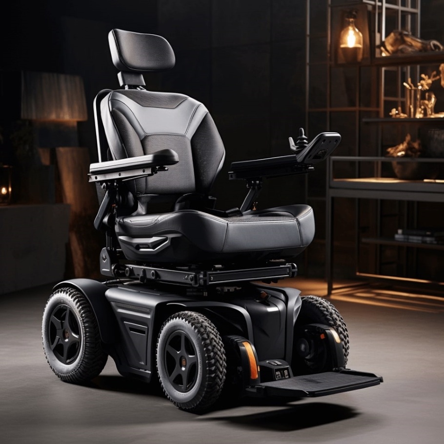 Sleekly designed black and gray concept electric wheelchair.