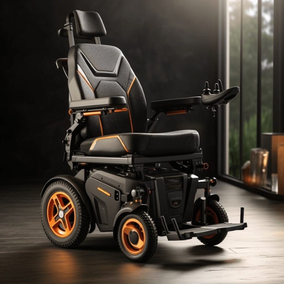 Concept black and gray electric wheelchair with contrasting bright orange trim and wheel rims.