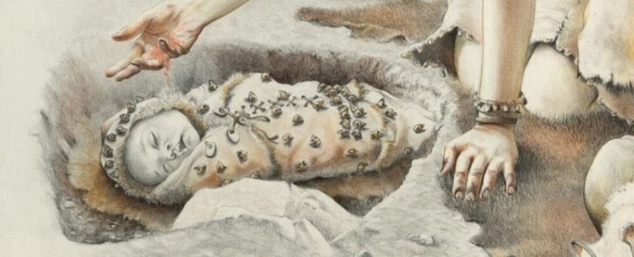 Close-up image of the above artistic reconstruction by Mauro Cutrona of the ancient infant burial - Image Credit: University of Montreal.