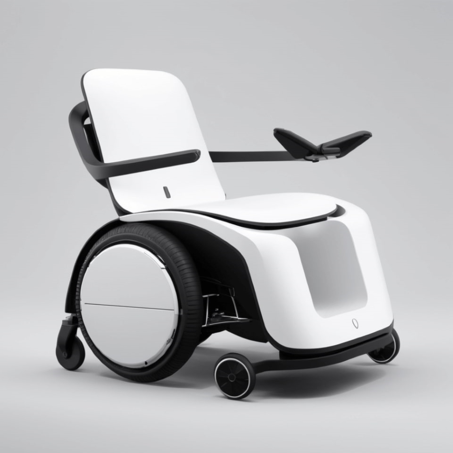 A cutting-edge, avant-garde Apple electric wheelchair concept that embodies a sleek, futuristic design.