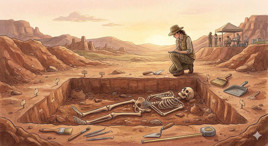 This editorial-style illustration captures an ancient archaeological excavation site bathed in the warm, soft light of a golden hour sunset.
