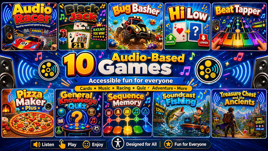This image is a colorful promotional collage showcasing 10 audio-based games, designed to be accessible and fun for everyone.