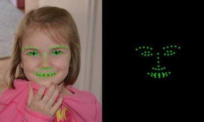 The Autism and Beyond app uses an iPhone self-facing camera to assess child emotional state while viewing various stimuli. The dots are landmarks automatically placed on a video of the child by the software. Picture Credit: Autism & Beyond