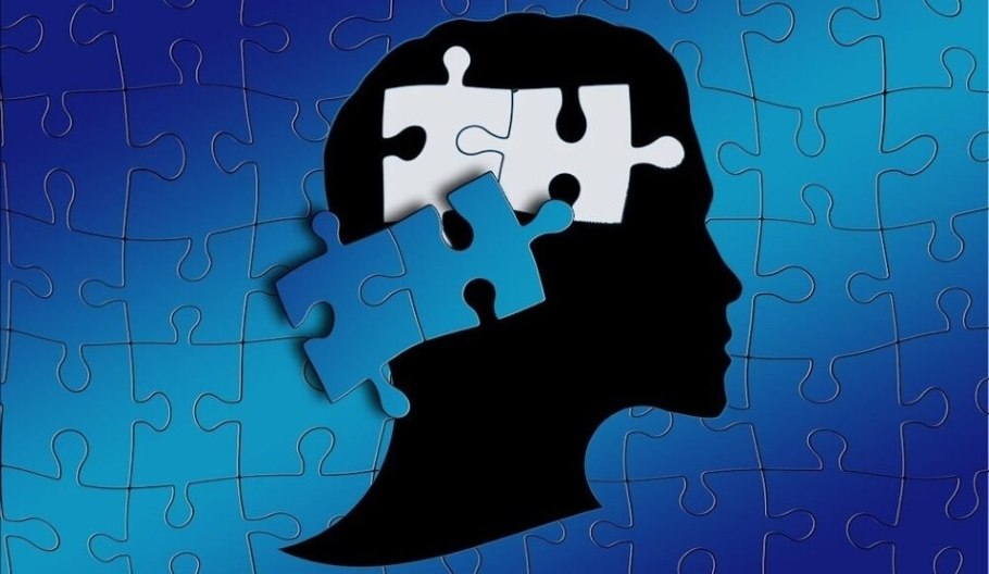 The image depicts a human head silhouette with puzzle pieces missing in the brain area.