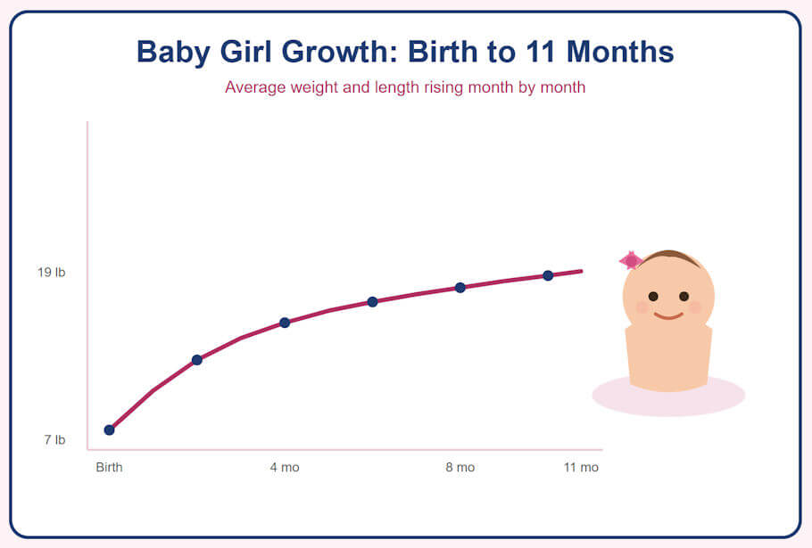 The image is a simple, friendly infographic on a white card with a rounded navy-blue border and a soft pink background. Centered at the top, a bold dark-blue heading reads Baby Girl Growth: Birth to 11 Months, and just beneath it a smaller rose-pink subtitle reads Average weight and length rising month by month.