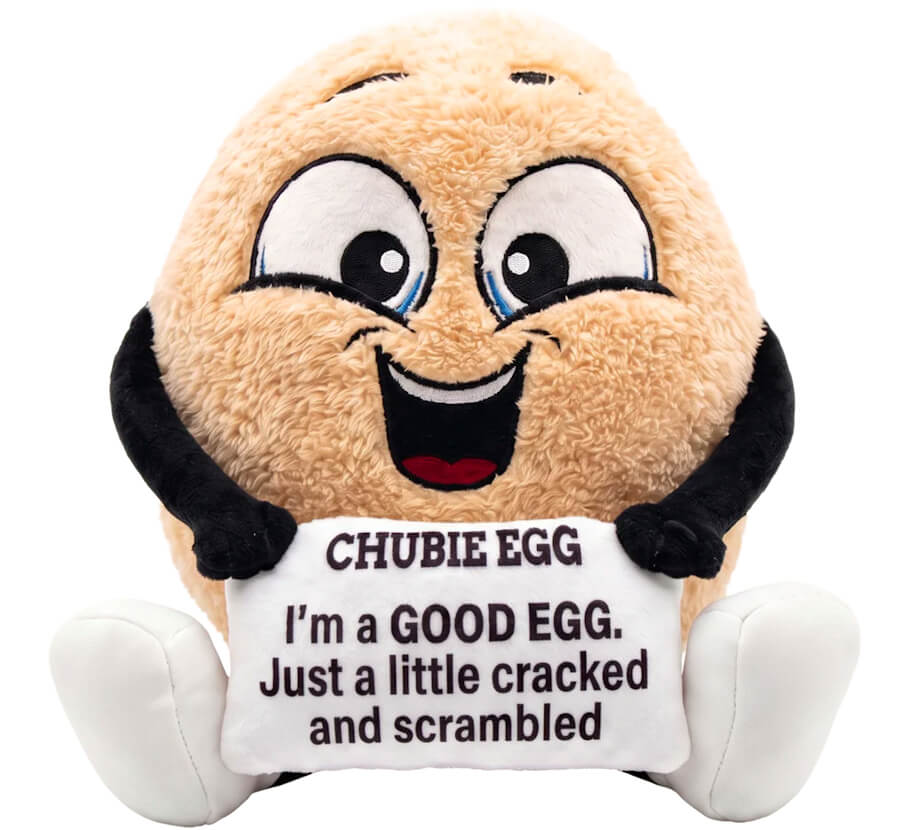 A fluffy tan egg-shaped plush toy sits against a plain white background with oversized white feet, black arms, and a wide, cheerful smile.