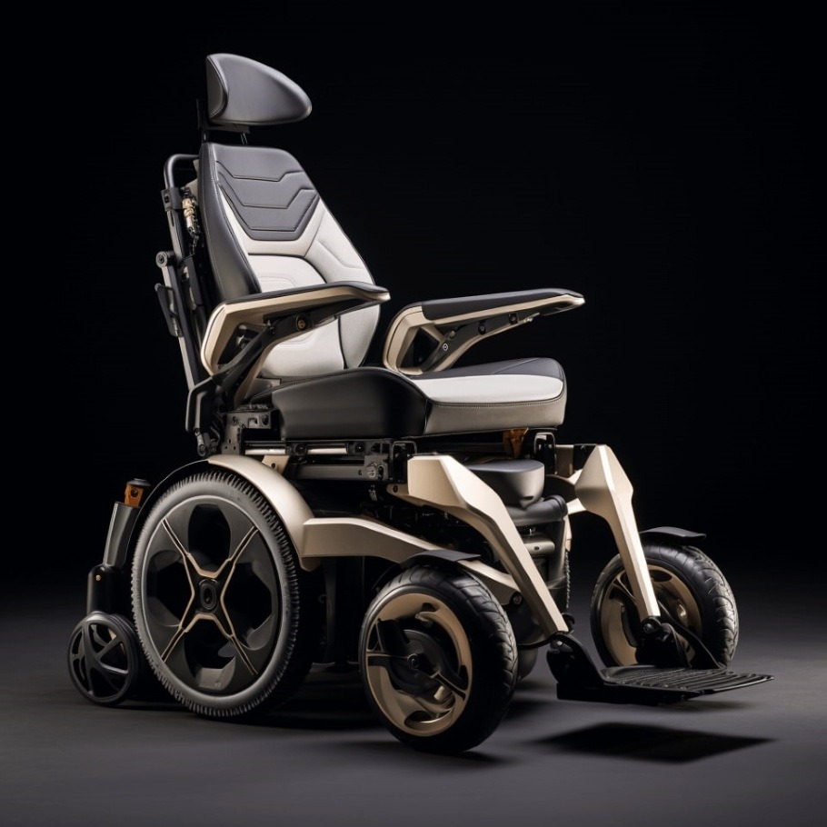 Presenting yet another remarkable Bentley electric wheelchair concept, elegantly adorned in a sleek gray hue complemented by rose gold accents.