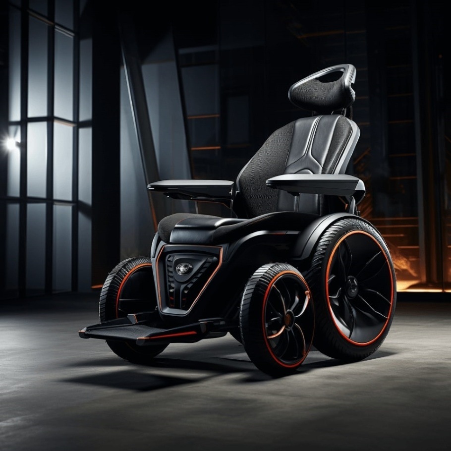 This Bentley black and gray electric wheelchair concept features a perfect contrasting bright orange trim.