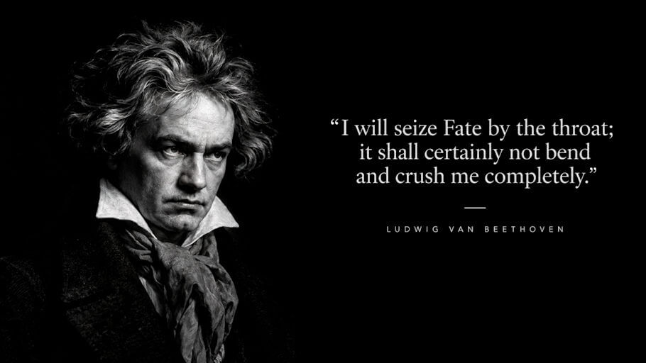 A black and white portrait of Ludwig van Beethoven fills the left side of a wide, solid black image. He is shown from the chest up, turned slightly toward the viewer, with thick, wild, wavy gray hair that sweeps back and out around his head.