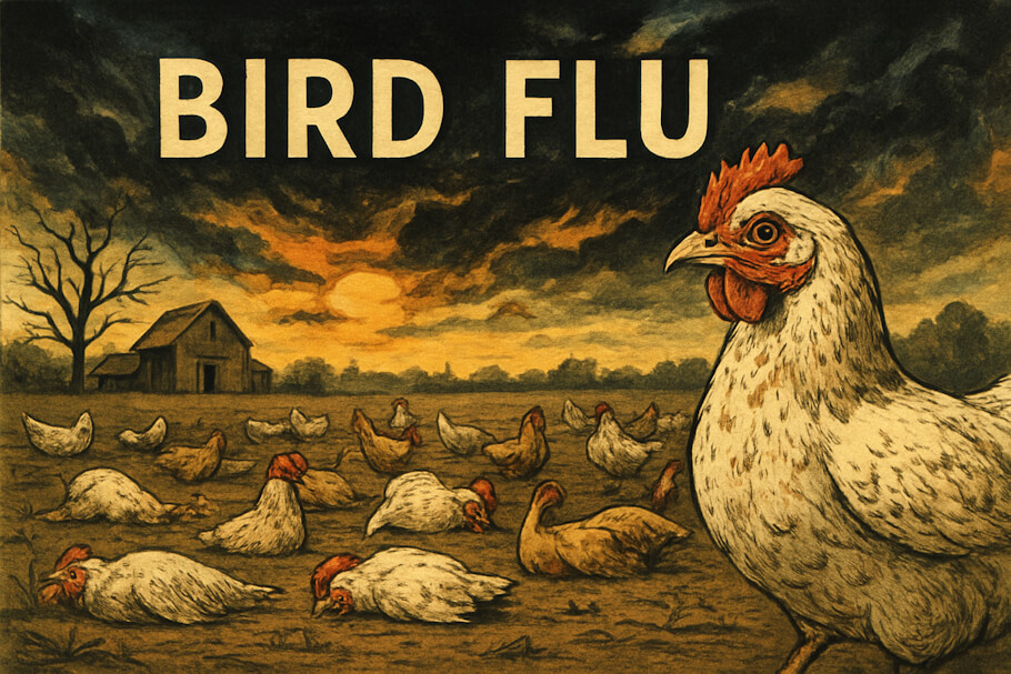 This AI generated image depicts a dramatic rural landscape at sunset, with dark, swirling clouds framing a glowing orange sun near the horizon.