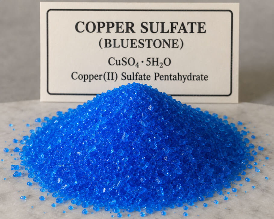 This image shows a mound of vivid, sparkling blue copper sulfate crystals sits on a pale marble-like surface, with small granules scattered around the base. 