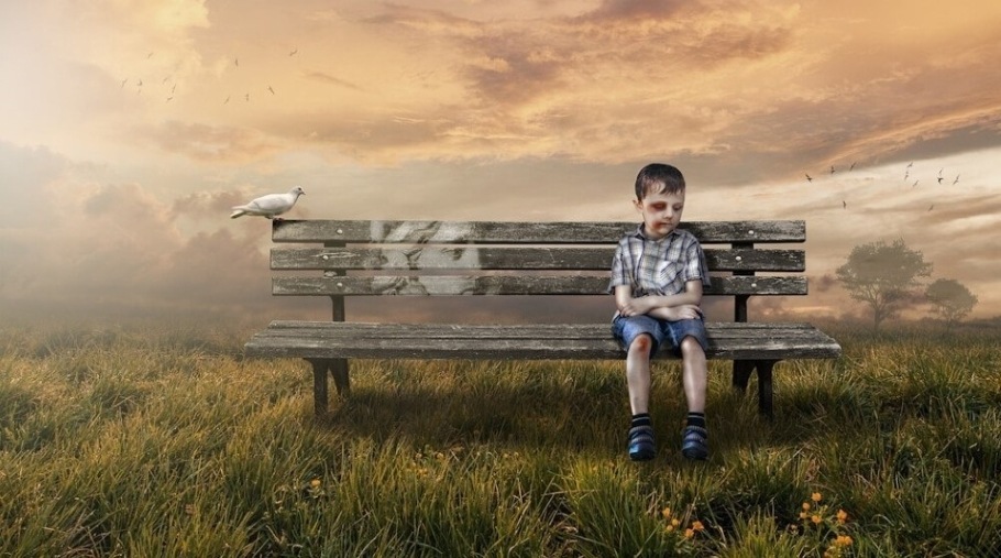 A small boy with bruises on his face and leg appears to be in pain as he sits on the end of a bench in a grassy field. A white bird is perched on the back of the bench at the other end.