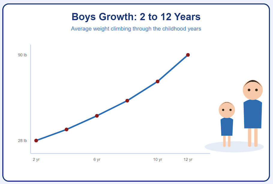 The image is a simple, friendly infographic on a white card with a rounded navy-blue border and a pale blue background. Centered at the top, a bold dark-blue heading reads Boys Growth: 2 to 12 Years, and just beneath it a smaller medium-blue subtitle reads Average weight climbing through the childhood years.