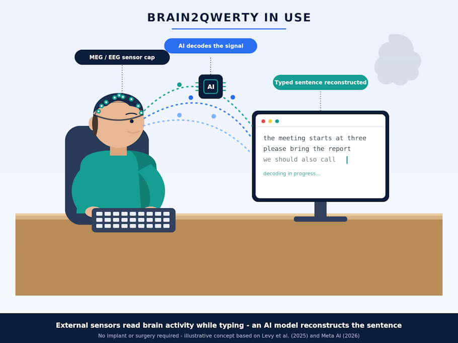 Flat-design illustration of a person wearing an MEG/EEG sensor cap and typing at a keyboard, with brain signal lines flowing through an AI chip icon to a monitor displaying reconstructed text, captioned External sensors read brain activity while typing - an AI model reconstructs the sentence, no implant or surgery required.