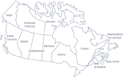 Outline map of Canada showing Canadian provinces and territories.
