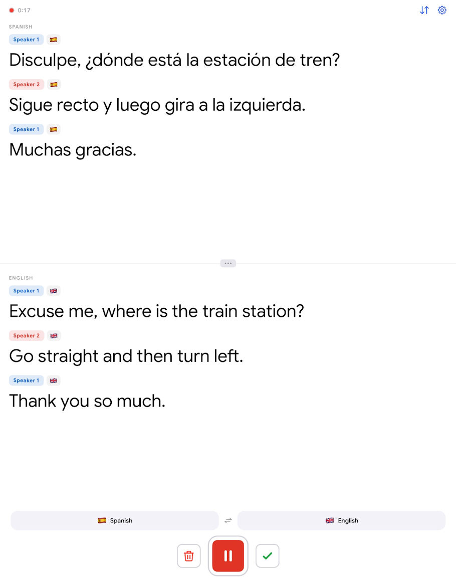 Two-way translation in Captio AI on iPad: each half of the screen shows the conversation in one language.
