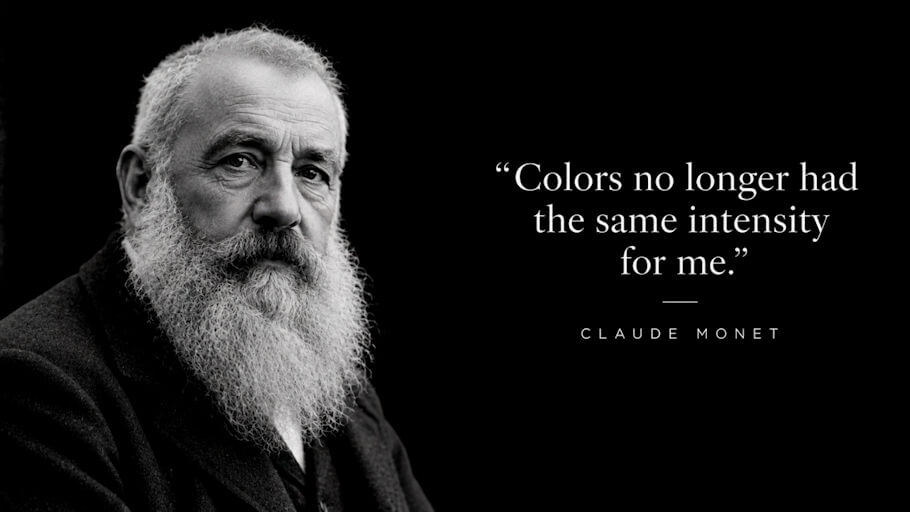 A black and white portrait photograph of the French Impressionist painter Claude Monet in his later years fills the left side of a wide image with a plain black background. Monet is shown from the chest up, turned slightly to the left, and looking toward the viewer with a calm, steady and somewhat serious expression.