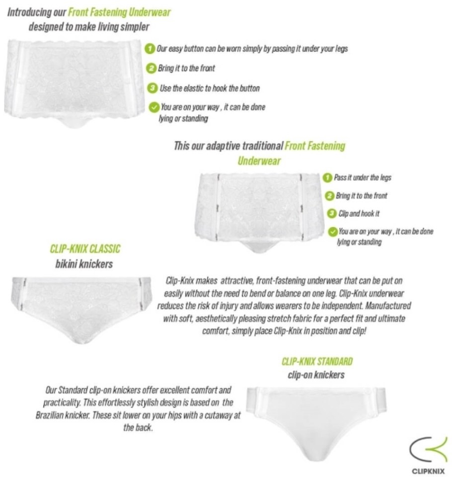 Clip Knix Brochure detailing 4 different styles of front fastening underwear.