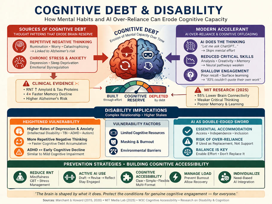 This infographic titled Cognitive Debt and Its Link to Disability presents a structured overview of how certain mental habits and the overuse of AI tools can gradually reduce cognitive capacity over time.