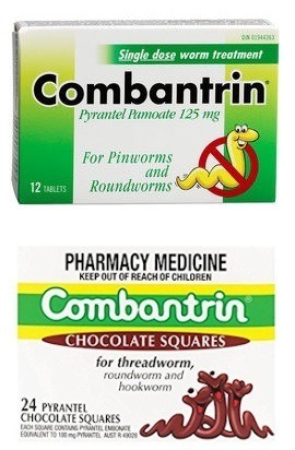 Figure 1. Top: Combantrin worm medicine for Pinworms and Roundworms. Bottom: Combantrin chocolate squares for Threadworms, Roundworms, and Hookworms.