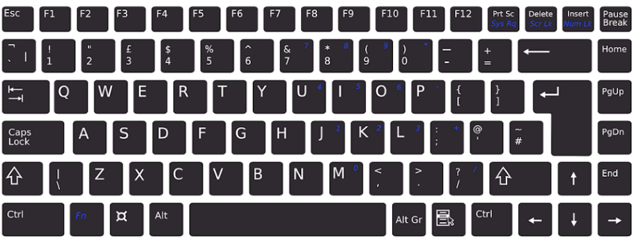Computer keyboard with black keys and white letters.