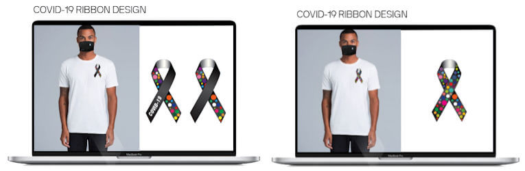 Two images of a man wearing a COVID-19 awareness ribbon design displayed on a clipart monitor - Image Credit: Terry French of WXYZr Inc.