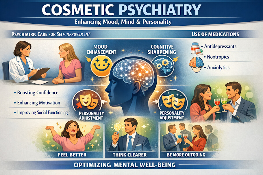 This image is an infographic titled Cosmetic Psychiatry: Enhancing Mood, Mind &amp; Personality, presented in cool blue tones.