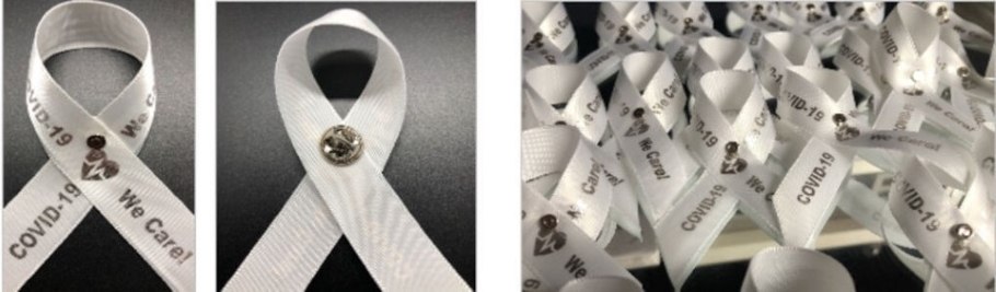 Description of the ribbon pictures: White ribbons with COVID-19, a medical heart symbol, and the words We Care!