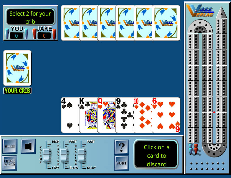 This image shows a digital cribbage game interface with a blue background.