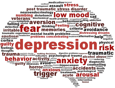 Wordcloud image in the shape of a human brain. The word depression is written in red in the center and surrounded by many related words.
