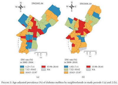 Maps show the prevalence of diabetes in Philadelphia zip codes in 2002 and 2010.