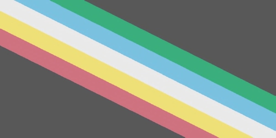 The Disability Pride Flag: A charcoal grey flag with a diagonal band from the top left to the bottom right corner, made up of five parallel stripes in red, gold, pale grey, blue, and green.