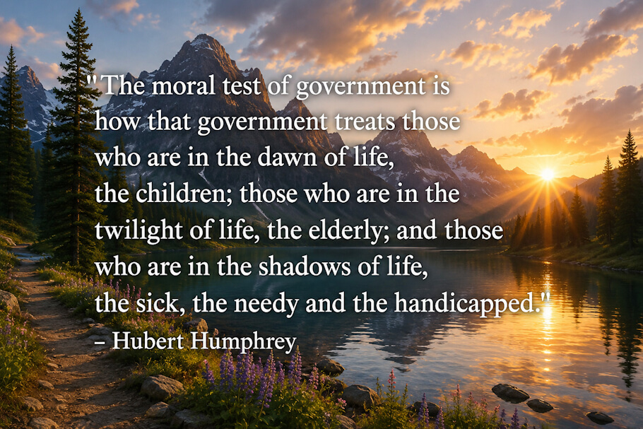 Large white serif text fills much of the left and center of the image, presenting a quote by Hubert Humphrey about the moral responsibility of government to care for children, older adults, people who are ill, those in need, and people with disabilities. The peaceful natural setting contrasts with the thoughtful social message, creating a reflective and inspiring composition.