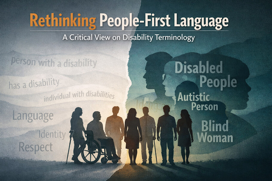 This image is a wide banner featuring the title Rethinking People-First Language with the subtitle A Critical View on Disability Terminology centered at the top.