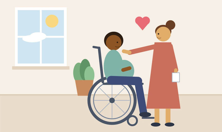 This flat, softly colored illustration shows a calm, sunlit room with cream walls and a light beige floor. On the left is a white-framed window with a pale blue sky, a yellow sun, and a small white cloud, and below it is a green leafy plant in a terracotta pot. In the center, a pregnant person with dark brown skin and short dark hair sits in a manual wheelchair with large spoked wheels.