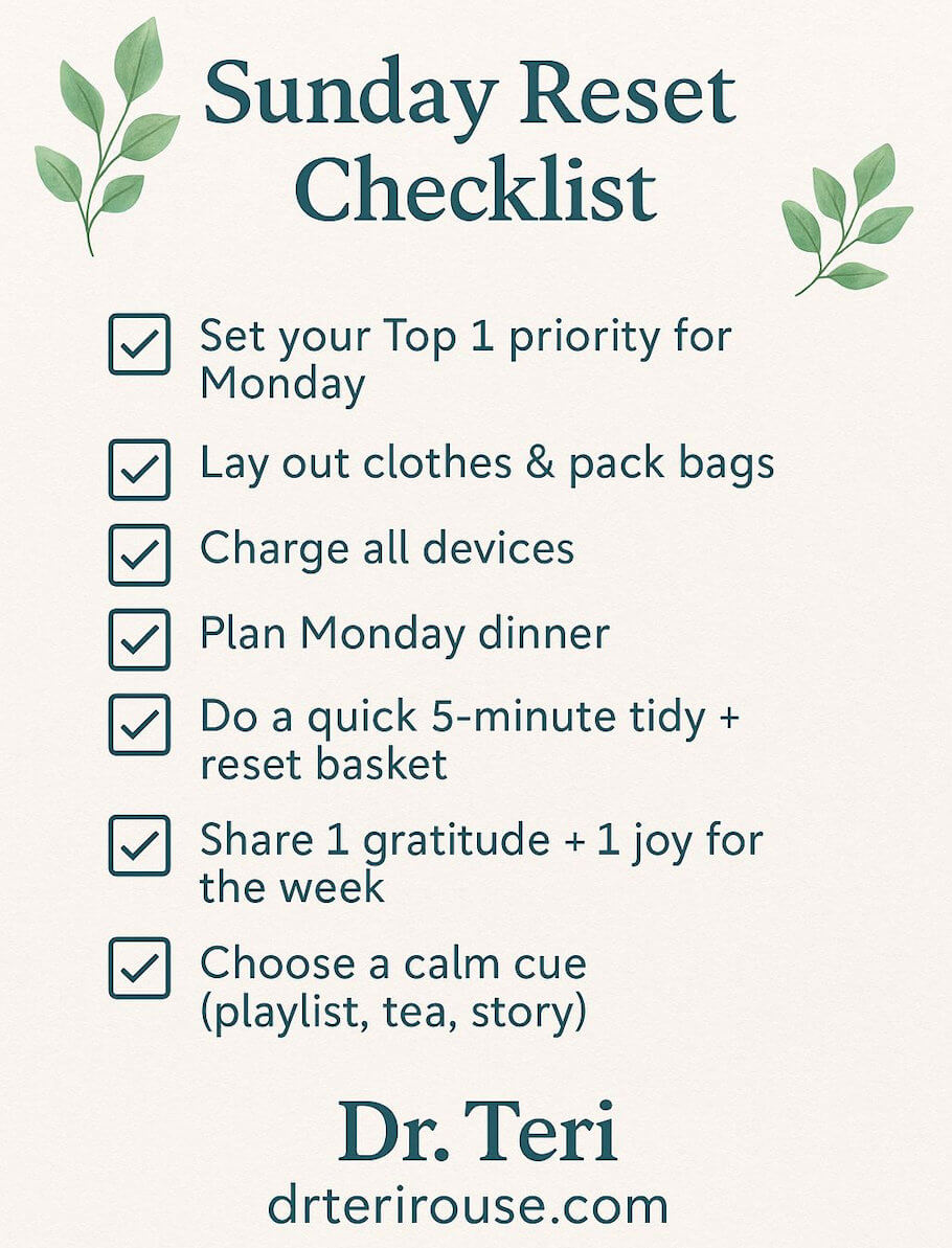 This image shows a calming checklist titled Sunday Reset Checklist on a cream-colored background, decorated with simple green leaf illustrations in the top corners.