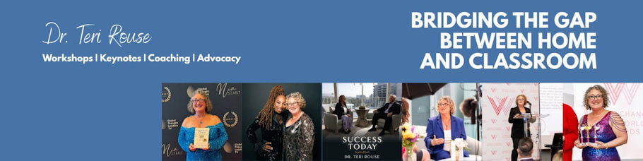 This is a professional banner image for Dr. Teri Rouse with a blue background at the top displaying her name in white script lettering, followed by text indicating her services.