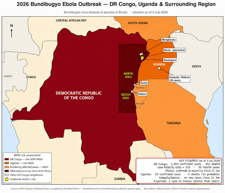 This is a color-coded regional map titled 2026 Bundibugyo Ebola Outbreak - DR Congo, Uganda and Surrounding Region, with a subtitle noting it depicts Bundibugyo virus disease, a species of Ebola, as of 3 July 2026.