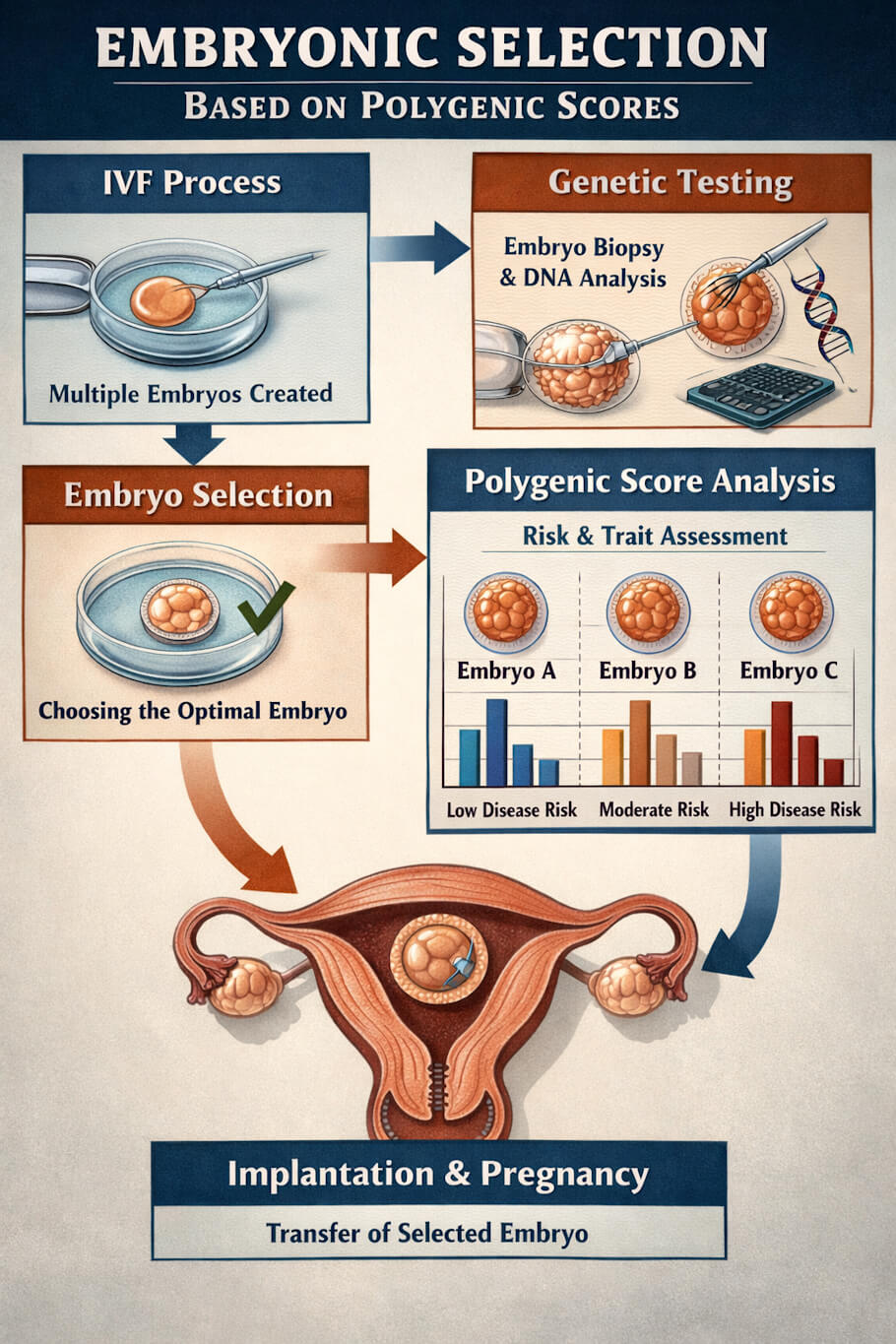 This diagram is titled Embryonic Selection Based on Polygenic Scores, arranged in a clear top-to-bottom flow with arrows connecting each stage.
