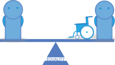 Blue illustration of a balanced seesaw with a person on one end and a person with wheelchair on the other end. The word EQUALITY is written on the fulcrum.