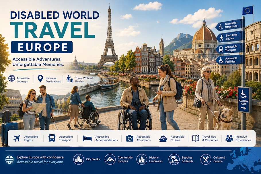 This Europe for Visitors image promotes accessible travel in Europe, featuring a vibrant collage of iconic European destinations connected by a scenic riverside walkway.