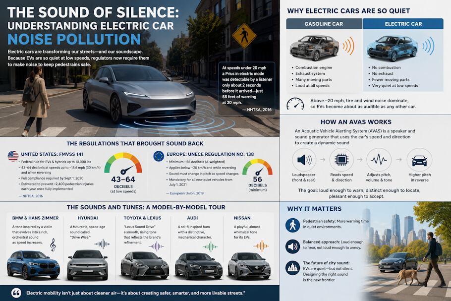 This infographic depicts a modern silver electric car traveling quietly through a city crosswalk as blue sound waves radiate from beneath it to illustrate its artificial pedestrian warning system. A pedestrian is approaching the crosswalk, emphasizing the safety challenges created by nearly silent electric vehicles at low speeds.