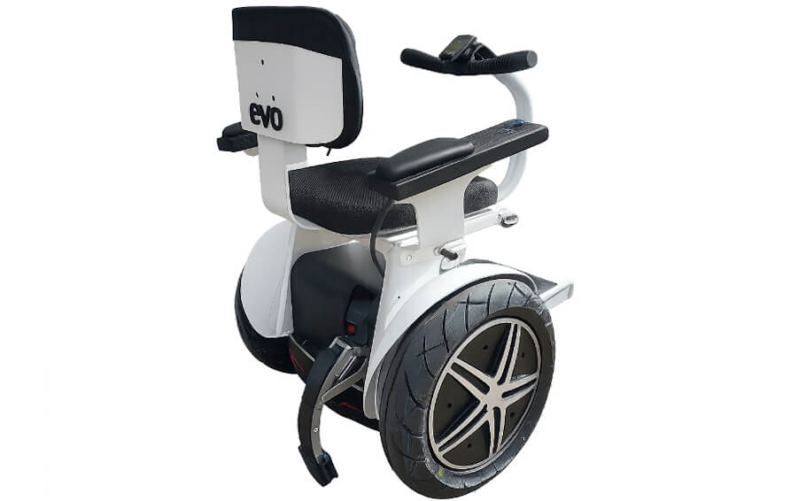 This image shows the back view of a sleek, modern personal mobility device called the Evo PT, designed for self-balancing movement across various terrains.